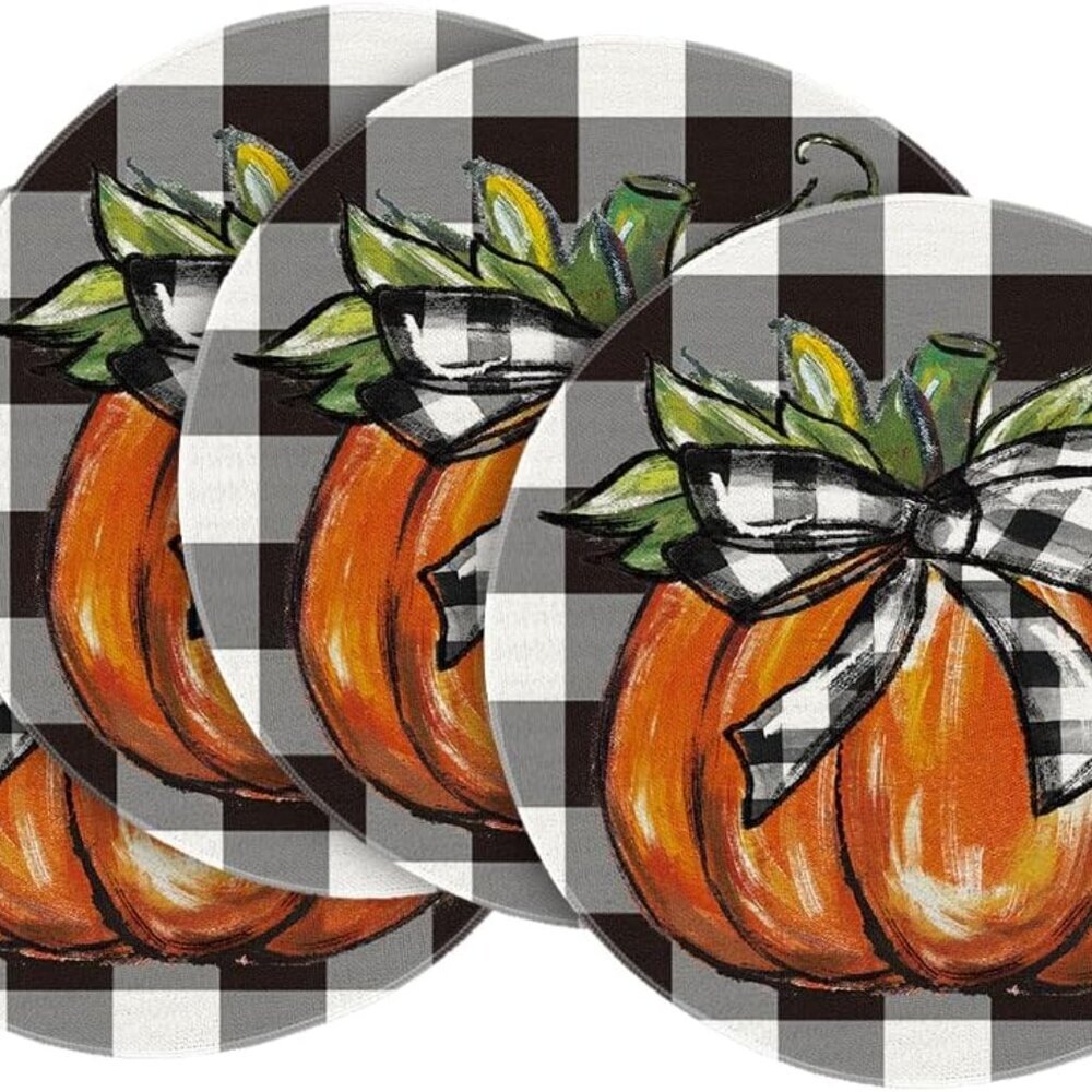 Buffalo Plaid Pumpkin Fall Round Placemats Set of 4, 14 Inch Round Table Mats fo